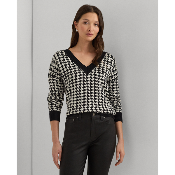 Black/Mascarpone Cream Houndstooth Jacquard V-Neck Sweater Lauren 1