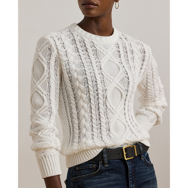 Aran Knit Cotton Blend Crewneck Sweater