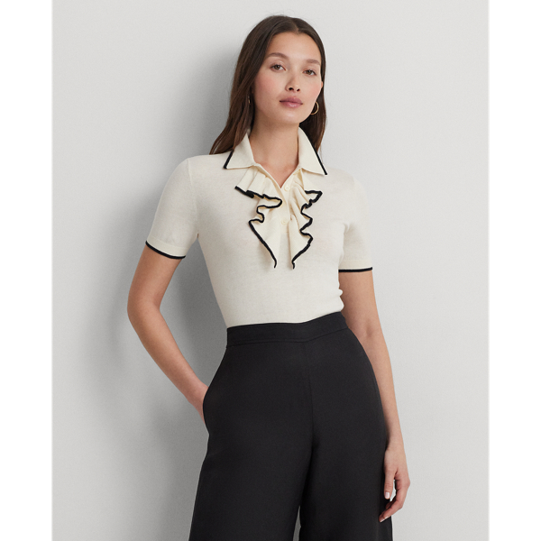 Mascarpone Cream/Black Two-Tone Ruffle-Trim Polo Sweater Lauren 1