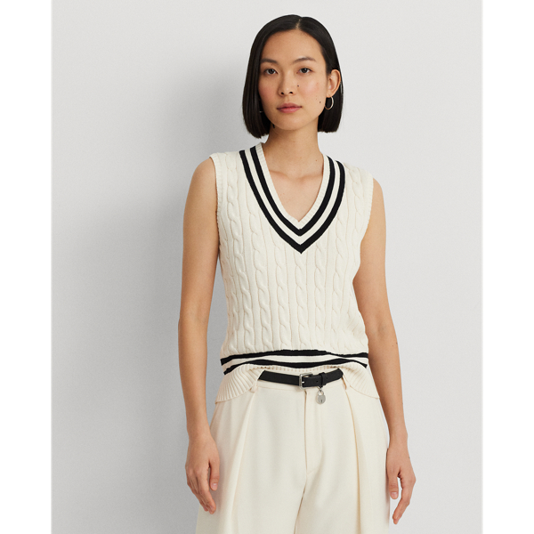 Mascarpone Cream/Black Cable-Knit Cotton Cricket Sweater Vest Lauren 1