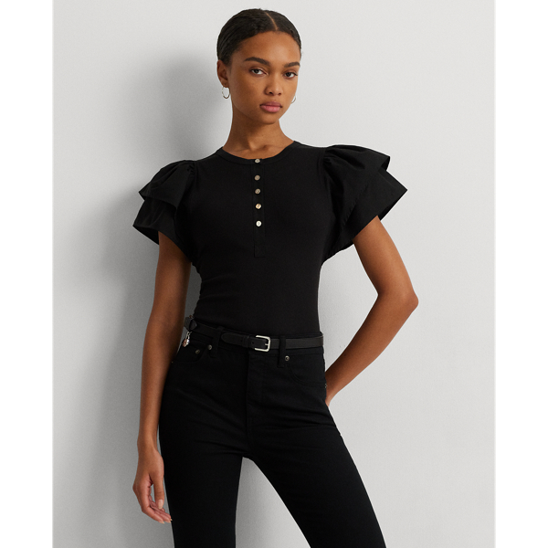 Black Stretch Cotton Flutter-Sleeve Henley Top Lauren 1