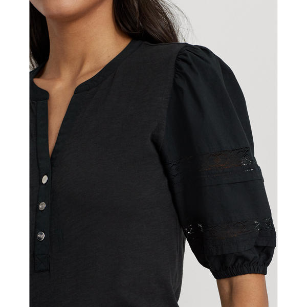 Jersey henley-shirt met kant en pofmouw Lauren in Zwart 6