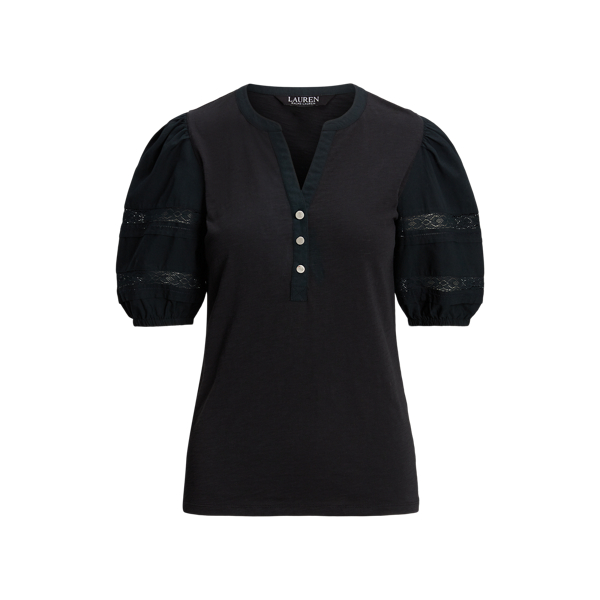 Jersey henley-shirt met kant en pofmouw Lauren in Zwart 2