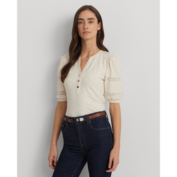 Lace-Trim Jersey Puff-Sleeve Henley Tee