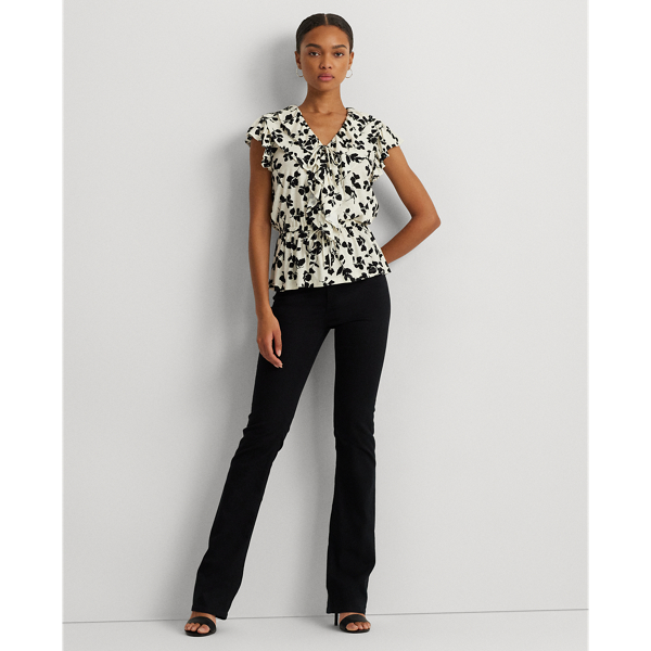 Leaf-Print Ruffle-Trim Jersey Peplum Top