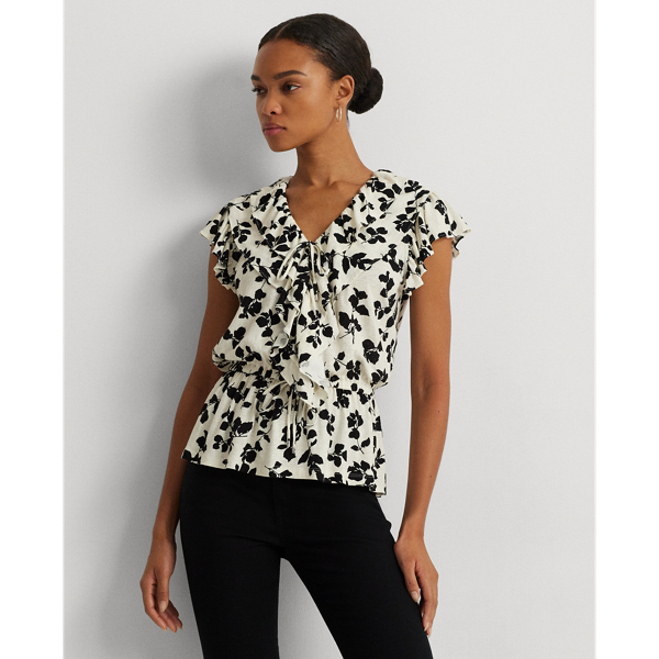 Leaf-Print Ruffle-Trim Jersey Peplum Top