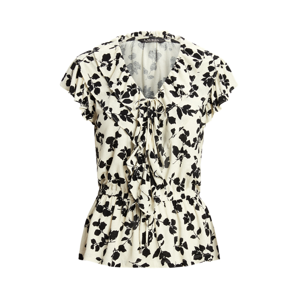 Jersey peplumtop met bladprint en ruches Lauren in 1