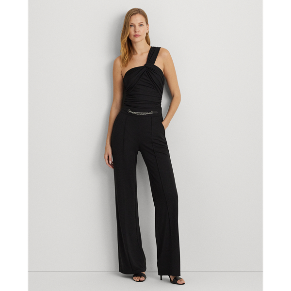 Black Chain-Trim Pleated Jersey Wide-Leg Pant Lauren 1