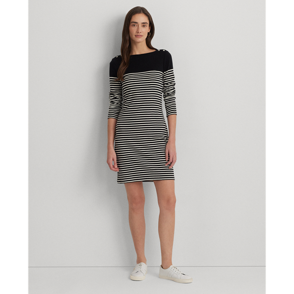 Black/Mascarpone Cream Striped Cotton Boatneck Dress Lauren 1