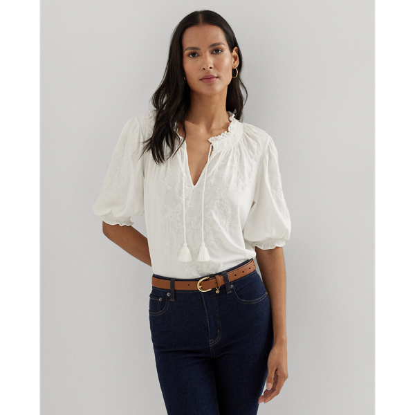 White Embroidered Jersey Puff-Sleeve Top Lauren 1