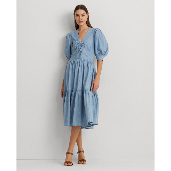 Medium Chambray Wash Chambray Puff-Sleeve Dress Lauren 1