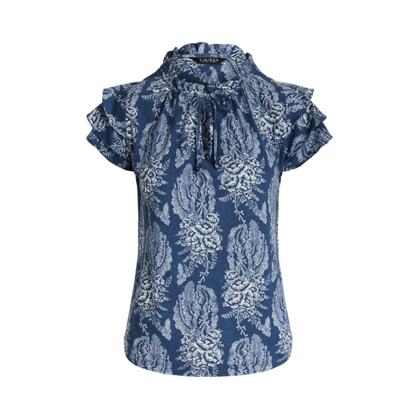 Floral Linen-Blend Jersey Tie-Neck Top Lauren 1