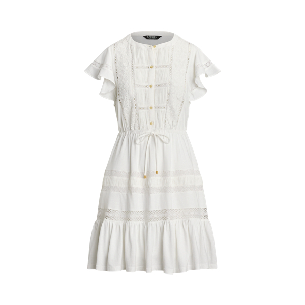 Lace-Trim Jersey Flutter-Sleeve Dress Lauren 1