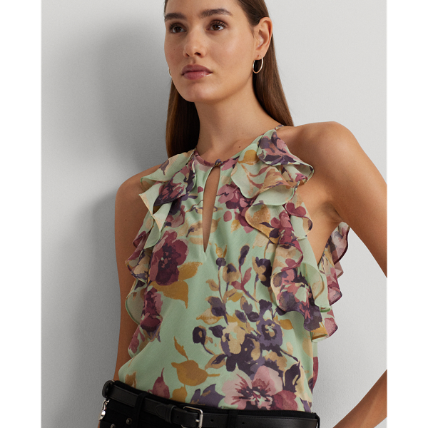 Light Green Multi Floral Crinkle Georgette Halter Blouse Lauren 6