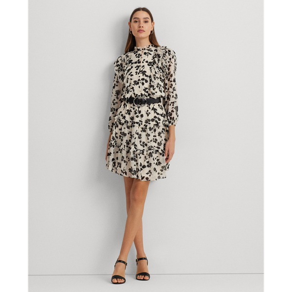 Leaf-Print Ruffle-Trim Georgette Dress