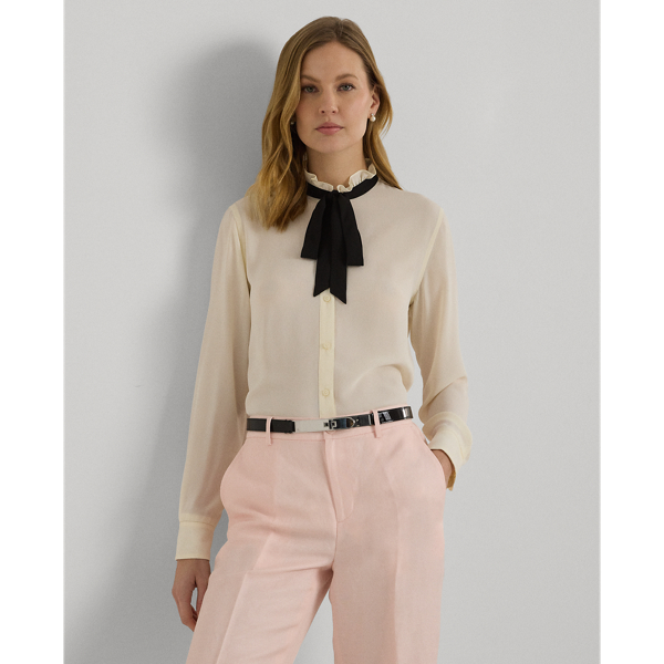 Mascarpone Cream/Black Classic Fit Georgette Tie-Neck Shirt Lauren 1