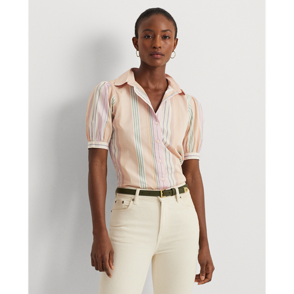 Striped Broadcloth Puff-Sleeve Shirt