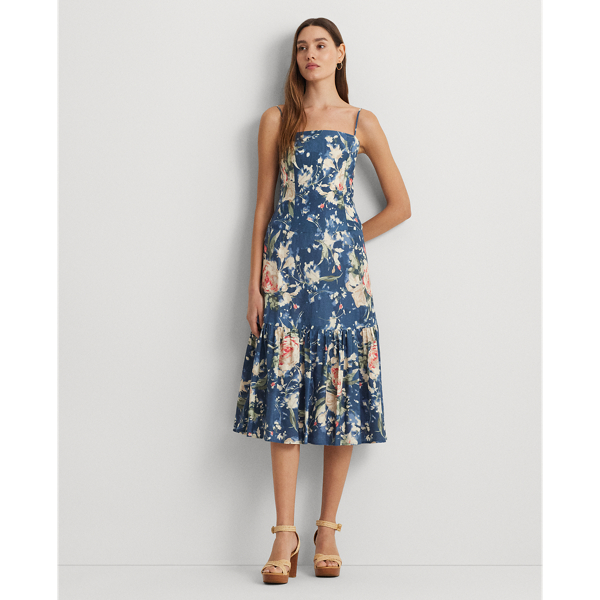 Blue Multi Floral Linen-Blend Sleeveless Dress Lauren 1