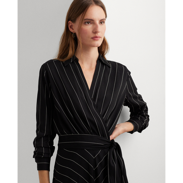 Pinstripe Belted Twill Surplice Dress