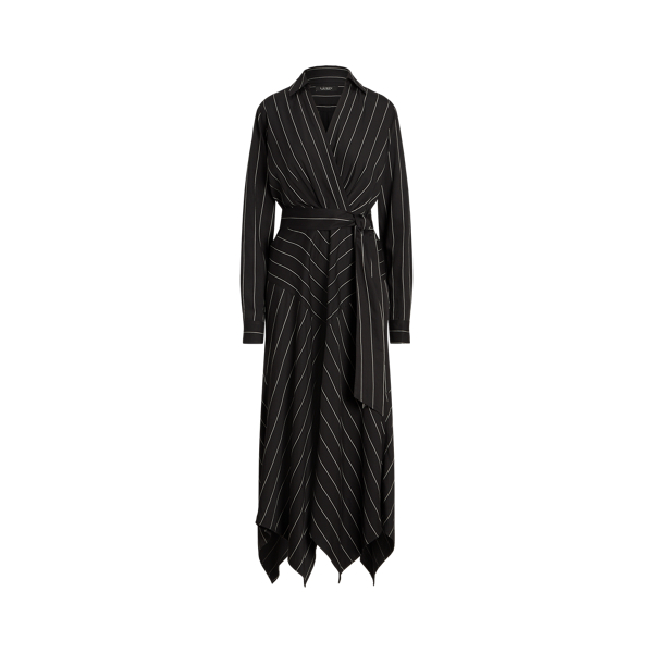 Pinstripe Belted Twill Surplice Dress