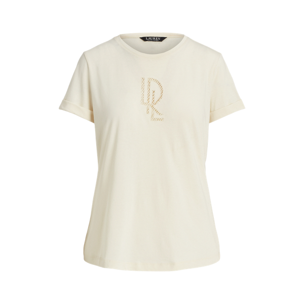 Mascarpone Cream Beaded-Logo Cotton-Blend-Jersey Tee Lauren 2