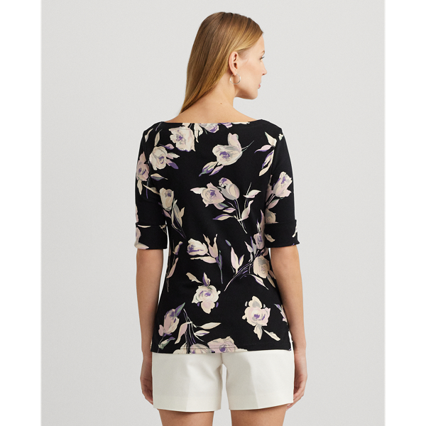 Black/Cream Multi Floral Stretch Cotton Boatneck Tee Lauren 5