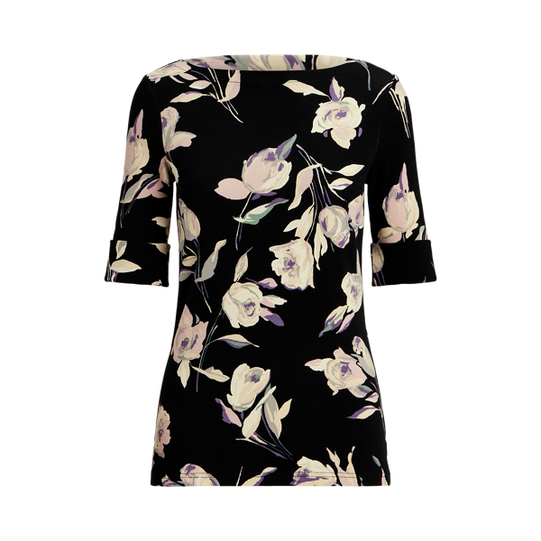 Black/Cream Multi Floral Stretch Cotton Boatneck Tee Lauren 2