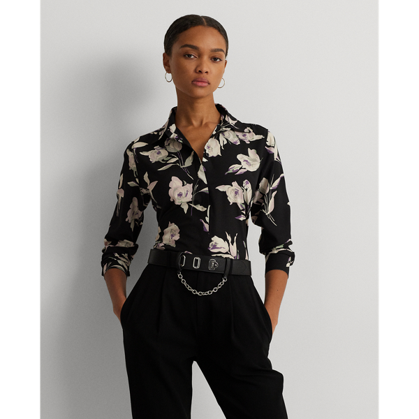 Black Multi Classic Fit Floral Crepe de Chine Shirt Lauren 1