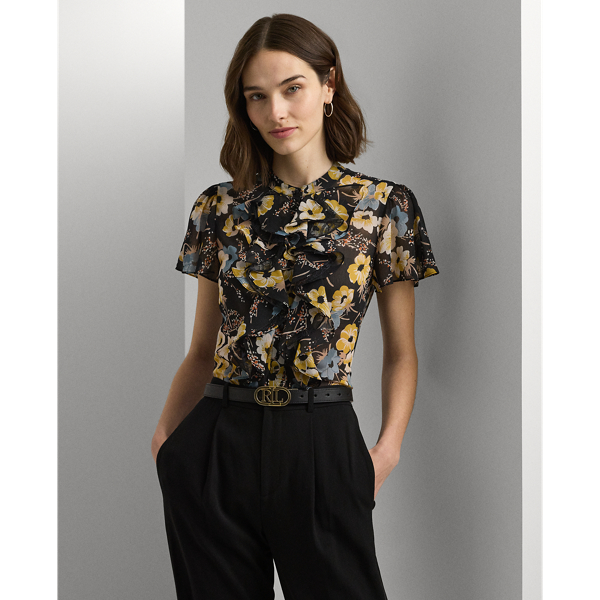 Floral Ruffle-Trim Georgette Blouse