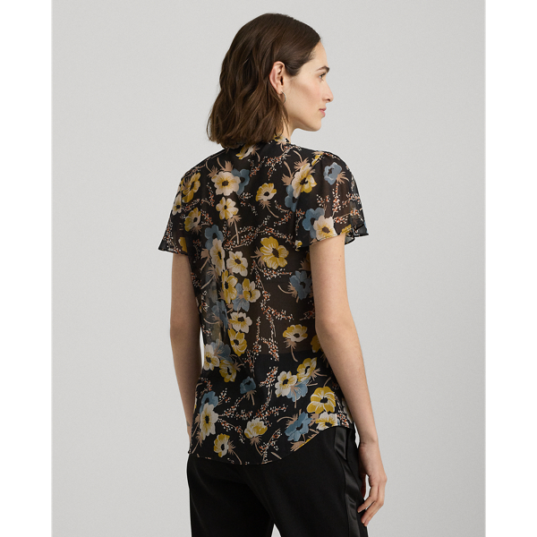 Black Multi Floral Ruffle-Trim Georgette Blouse Lauren 5