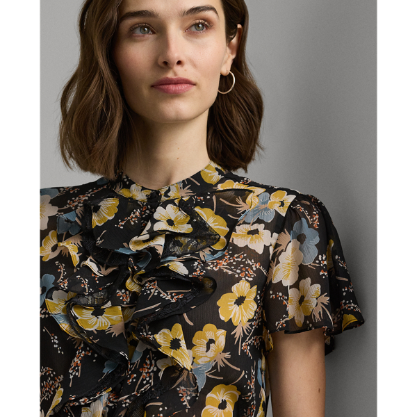 Black Multi Floral Ruffle-Trim Georgette Blouse Lauren 6