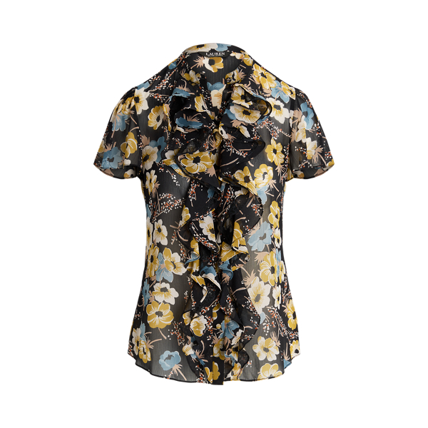 Black Multi Floral Ruffle-Trim Georgette Blouse Lauren 2