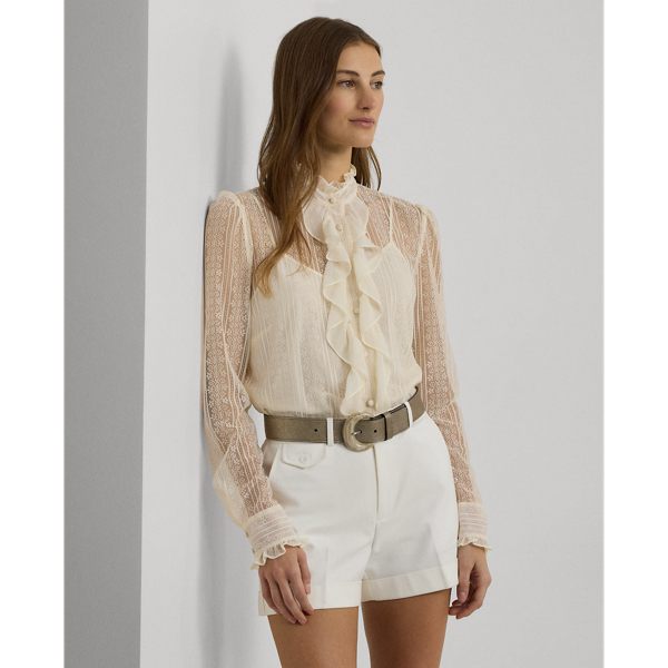 Mascarpone Cream Ruffle-Trim Lace Shirt Lauren 1