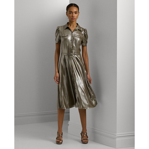 Medium Pewter/Silver Foil Belted Metallic Chiffon Shirtdress Lauren 1