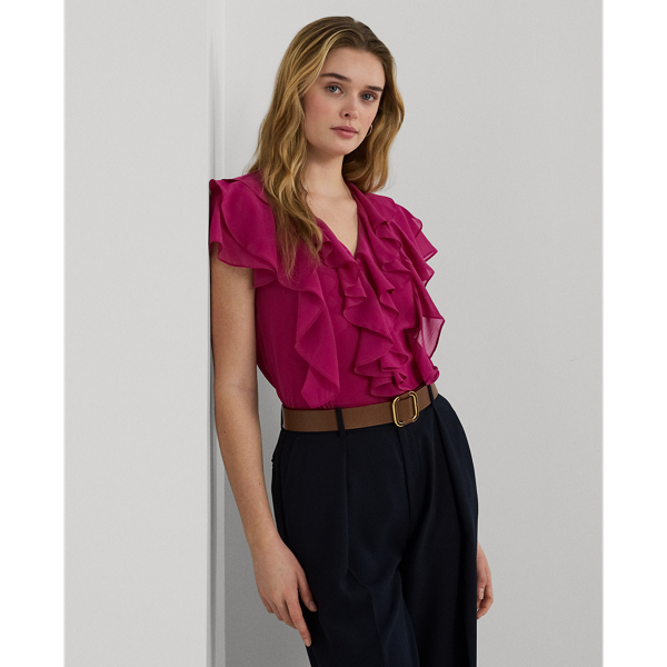 Fuchsia Berry Ruffle-Trim Crinkle Georgette Blouse Lauren 1