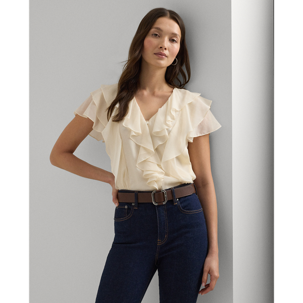 Ruffle-Trim Crinkle Georgette Blouse