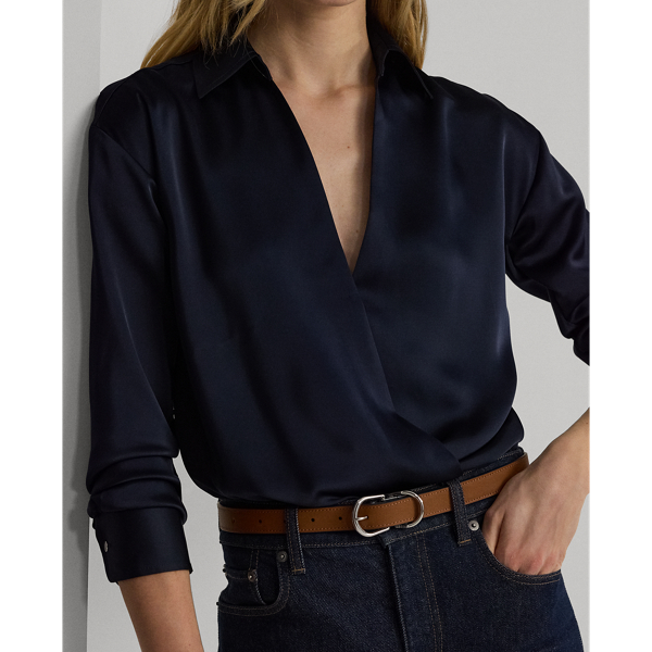 Lauren Navy Satin Charmeuse Surplice Blouse Lauren 6