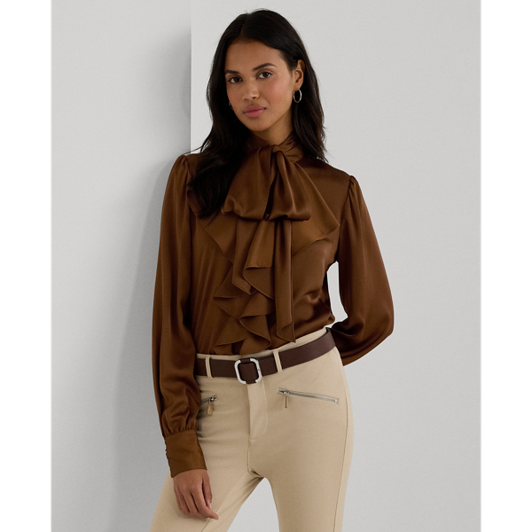 Dark Terracotta Ruffle-Trim Satin Tie-Neck Blouse Lauren 1