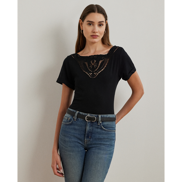 Black Eyelet Slub Jersey Boatneck Tee Lauren 1