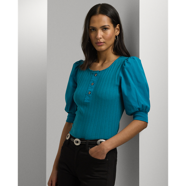 Turquoise Sky Pointelle Puff-Sleeve Henley Tee Lauren 1