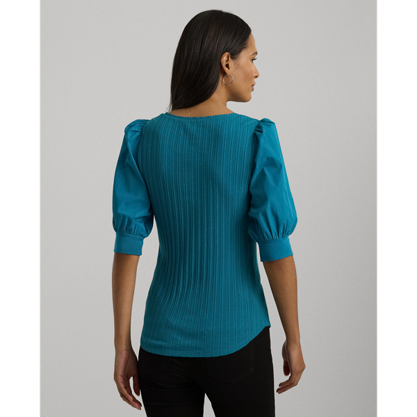 Turquoise Sky Pointelle Puff-Sleeve Henley Tee Lauren 5