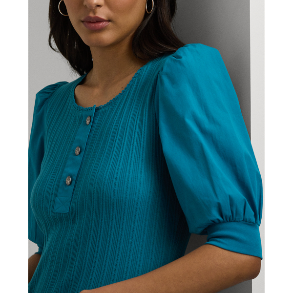 Turquoise Sky Pointelle Puff-Sleeve Henley Tee Lauren 6