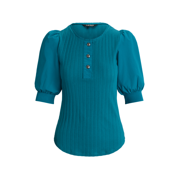 Turquoise Sky Pointelle Puff-Sleeve Henley Tee Lauren 2