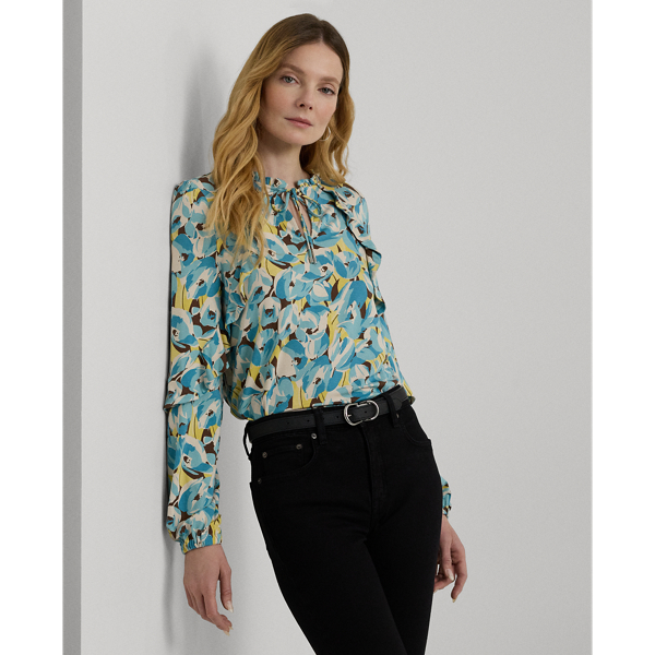 Floral Ruffle-Trim Jersey Tie-Neck Top for Women | Ralph