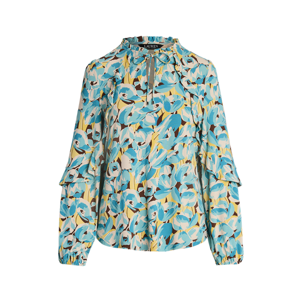 Floral Ruffle-Trim Jersey Tie-Neck Top for Women | Ralph
