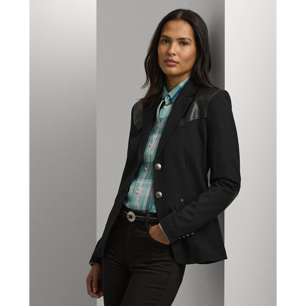 Black Faux-Leather-Trim Ponte Blazer Lauren 1