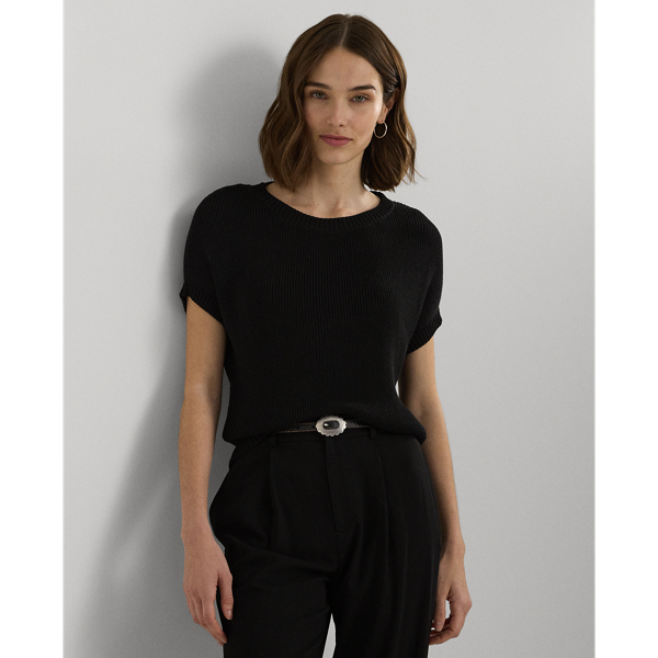 Black Rib-Knit Short-Sleeve Sweater Lauren 1