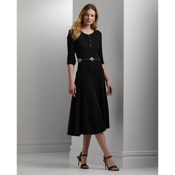 Black Belted Waffle-Knit Cotton Henley Dress Lauren 1