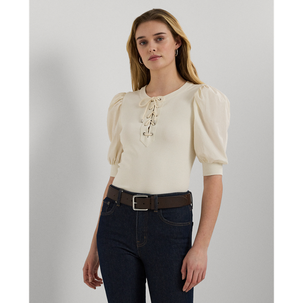 Lace Up Stretch Cotton Puff Sleeve Top for Women Ralph Lauren UK