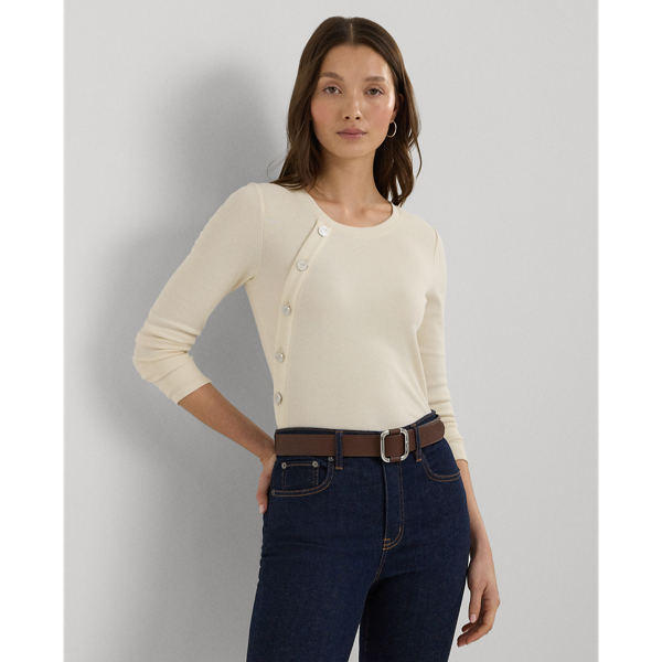 Mascarpone Cream Button-Trim Rib-Knit Cotton-Blend Top Lauren 1